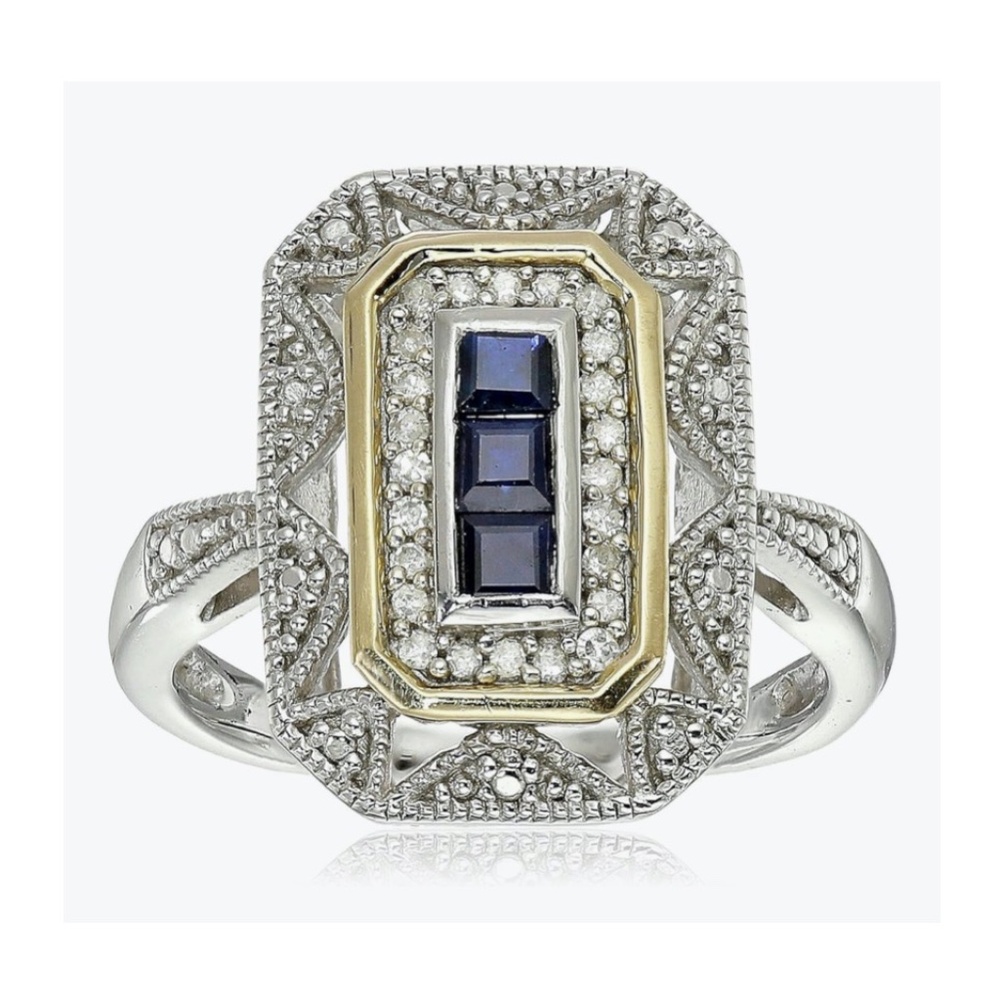 Diamond and Blue Sapphire Art Deco Ring Size 6